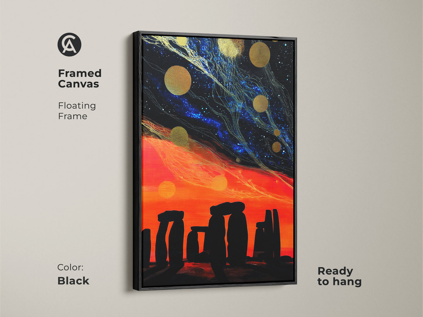 Framed canvas abstract fantasy landscape painting. Black floating frame. Features a cosmic starry night sky and ancient Stonehenge decor. Ready to hang. The eclectic celestial artwork is perfect residential wall art cosmic. Transform your home today.
