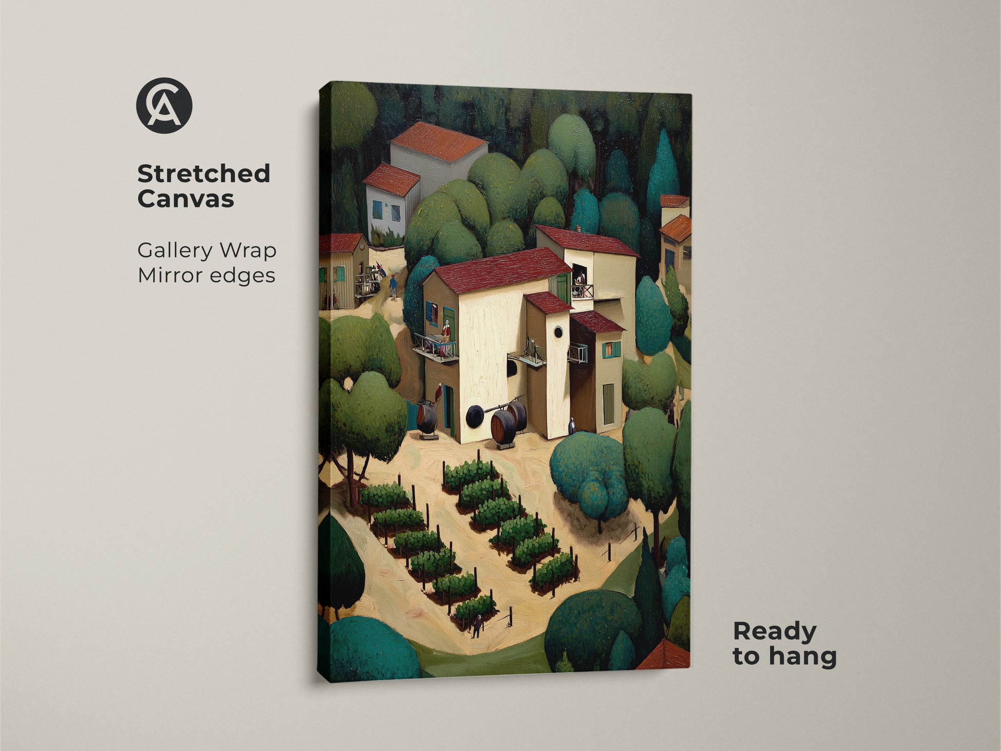 This stretched canvas displays a rustic village wall art. The folk art vineyard print has a terracotta green landscape. Naive art shows a countryside scene. Perfect wine lover housewarming gift adds farmhouse kitchen decor.