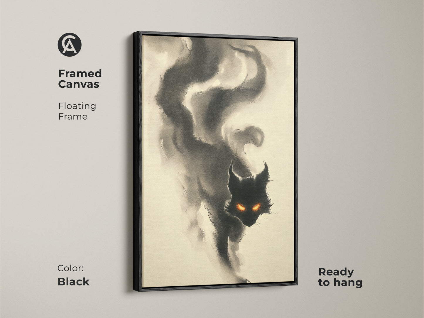 Framed canvas art featuring a black cat with glowing orange eyes in a floating frame. The black frame enhances the dark and mysterious theme. This ready-to-hang cat artwork is a great addition.