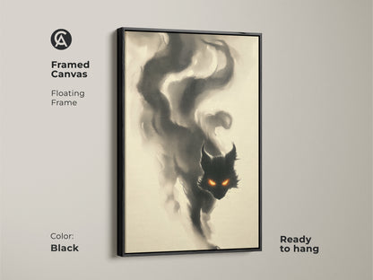 Framed canvas art featuring a black cat with glowing orange eyes in a floating frame. The black frame enhances the dark and mysterious theme. This ready-to-hang cat artwork is a great addition.