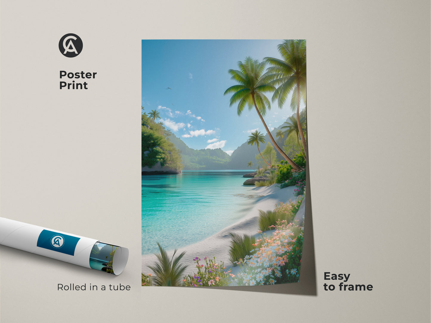 Poster print of a tropical beach scene. This museum-quality paper print is easy to frame. The rolled art print shows palm trees turquoise water and white sand. Perfect wall art.