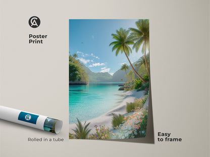Poster print of a tropical beach scene. This museum-quality paper print is easy to frame. The rolled art print shows palm trees turquoise water and white sand. Perfect wall art.