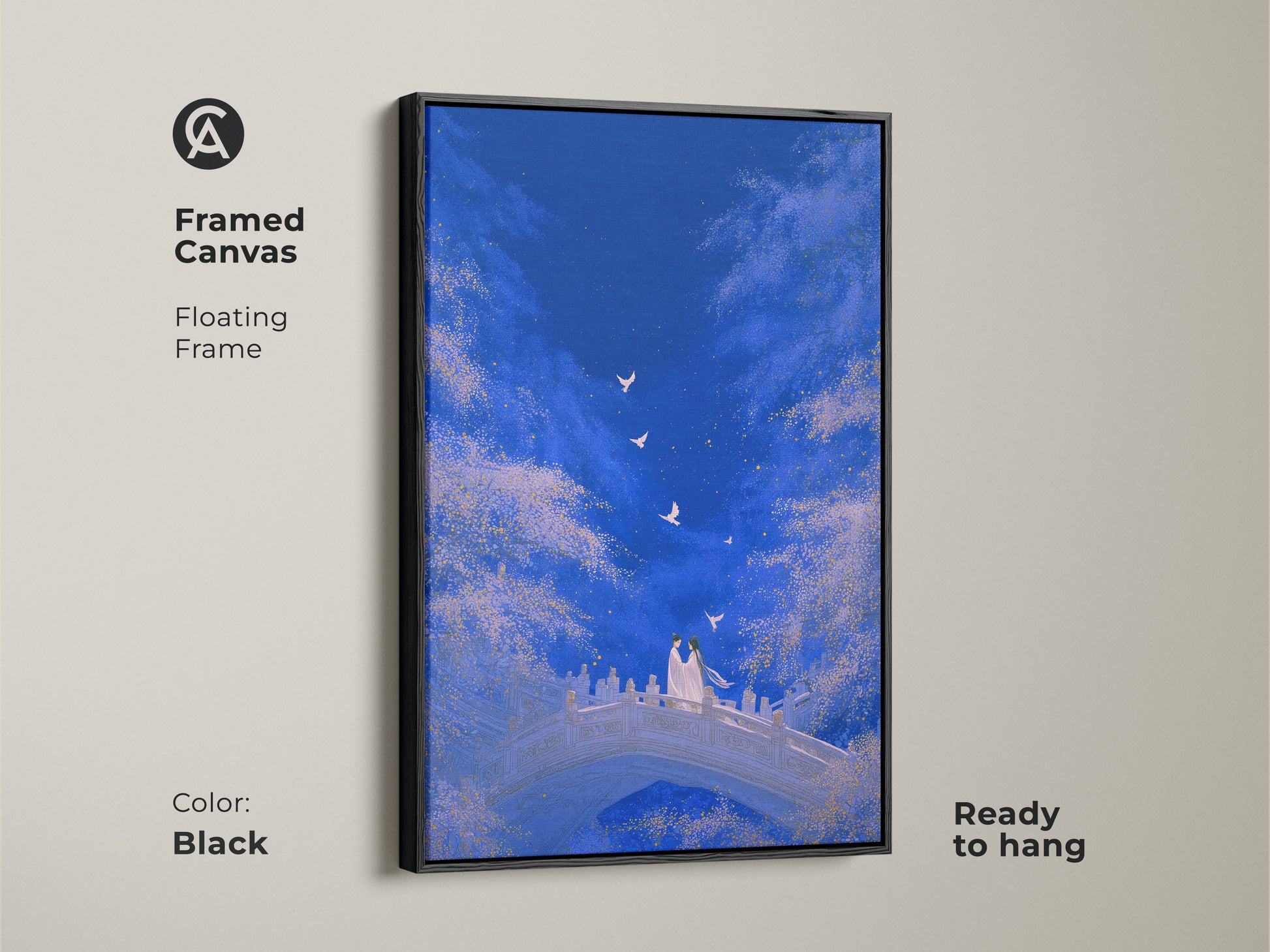 Framed canvas with a floating frame in black. Displaying a romantic couple on a bridge. Ready to hang. Dreamy celestial sky decor in deep blue and gold tones. Perfect anniversary gift for couples.