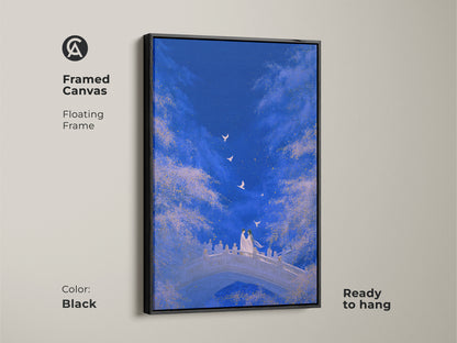 Framed canvas with a floating frame in black. Displaying a romantic couple on a bridge. Ready to hang. Dreamy celestial sky decor in deep blue and gold tones. Perfect anniversary gift for couples.