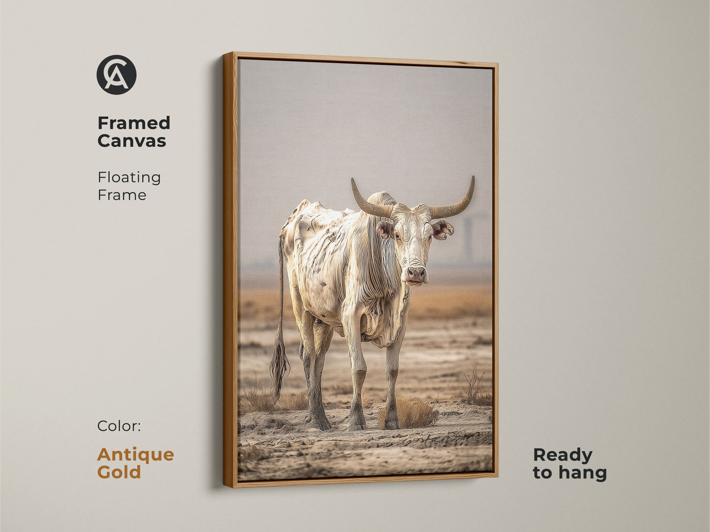 A framed canvas displays a floating antique gold frame. The cream and brown bull art is ready to hang. This bull portrait wall art enhances any space. The rustic cow wall decor is perfect for farmhouse decor. It's a stunning western cattle canvas.