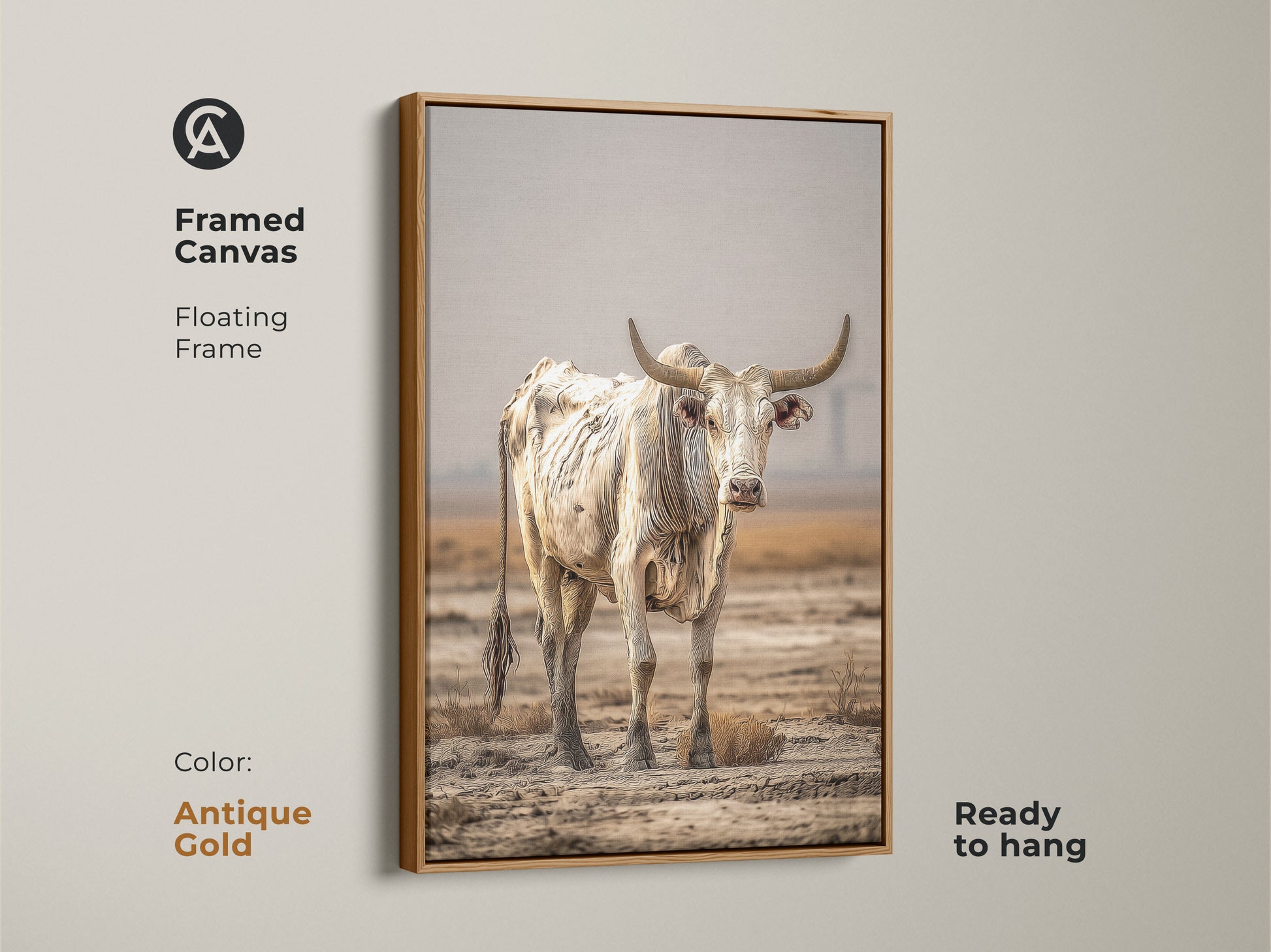 A framed canvas displays a floating antique gold frame. The cream and brown bull art is ready to hang. This bull portrait wall art enhances any space. The rustic cow wall decor is perfect for farmhouse decor. It's a stunning western cattle canvas.