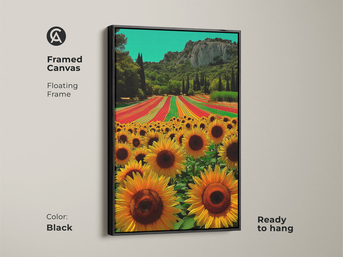 Framed canvas of a vibrant sunflower field landscape. This boho home decor features yellow and orange flowers. The summer field wall decor is ready to hang. This features a black floating frame.