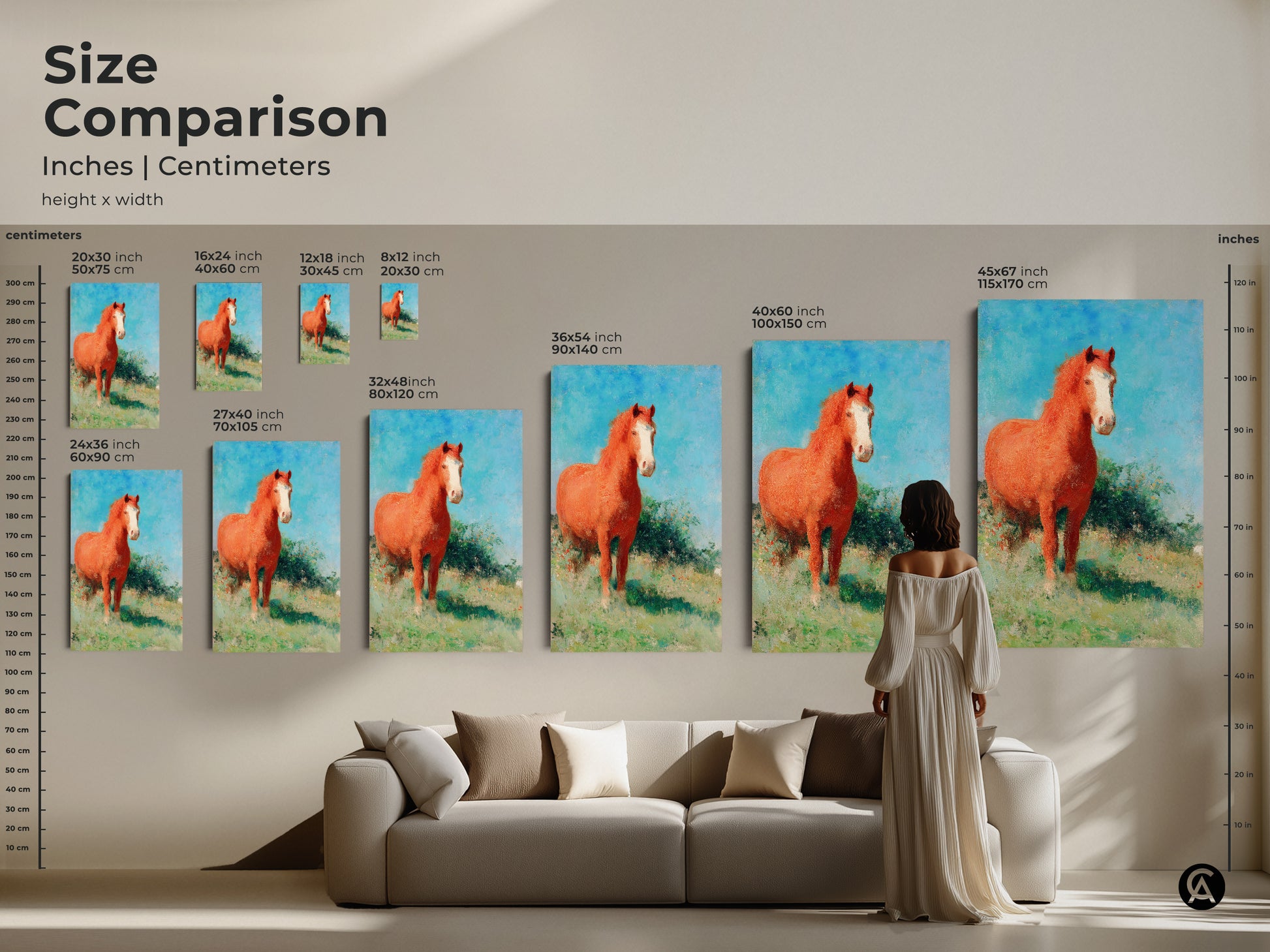 Size comparison of equestrian canvas art in inches and centimeters. See how different sizes of the impressionist horse canvas fit above a sofa. From 16x24 inch to 45x67 inch find the perfect scale for your space. This rustic orange and blue nature landscape print transforms your living room.