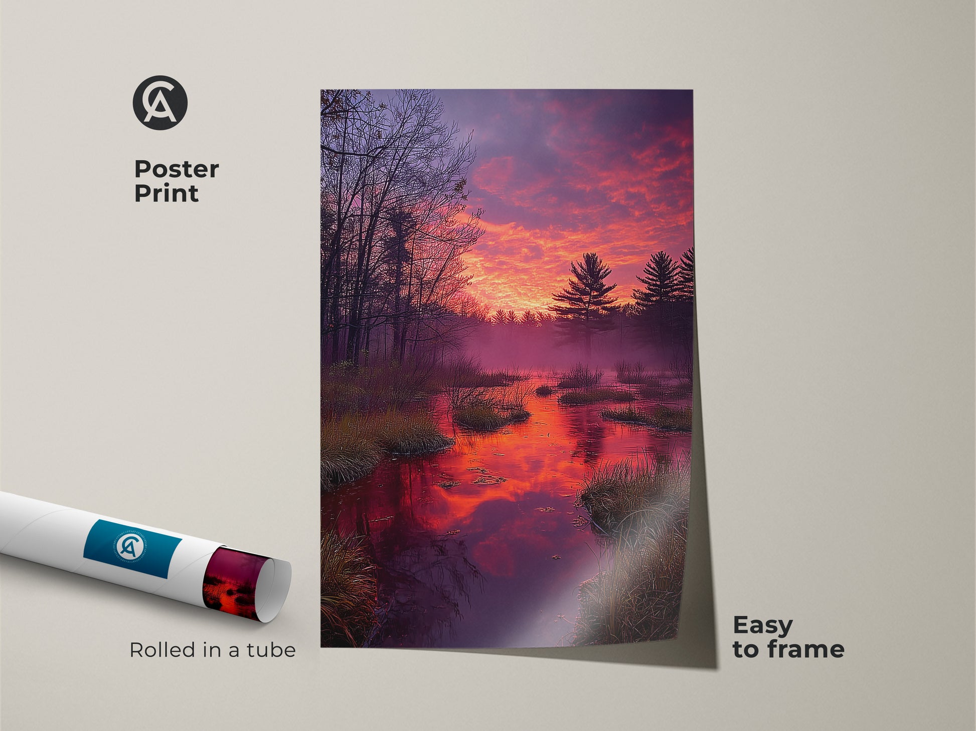 Museum-quality poster print of a serene forest sunset. This rustic nature artwork features an orange and purple sky. Pine trees are reflected in the water. Easy to frame and rolled in a tube for convenience. This vibrant sky artwork is a perfect nature lovers gift. Enjoy this outdoor scene wall art print.