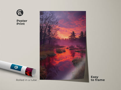 Museum-quality poster print of a serene forest sunset. This rustic nature artwork features an orange and purple sky. Pine trees are reflected in the water. Easy to frame and rolled in a tube for convenience. This vibrant sky artwork is a perfect nature lovers gift. Enjoy this outdoor scene wall art print.