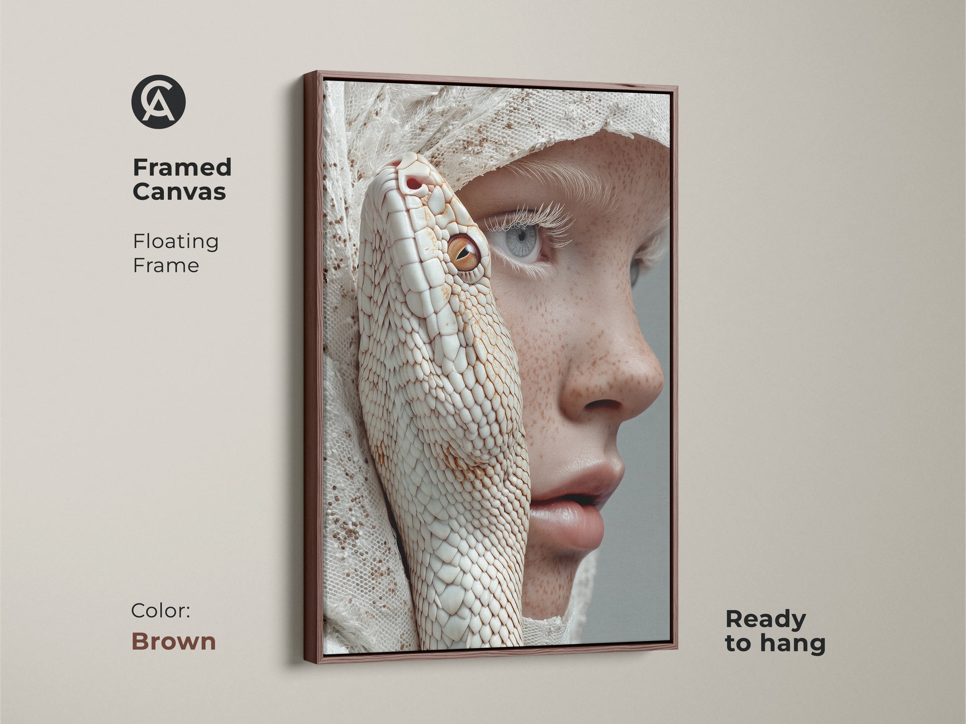 This framed canvas art features a floating frame with a brown color. This surreal portrait shows an albino snake intertwined with a freckled woman. The colors are peach beige and white. It is ready to hang and perfect for goth eclectic home decor.