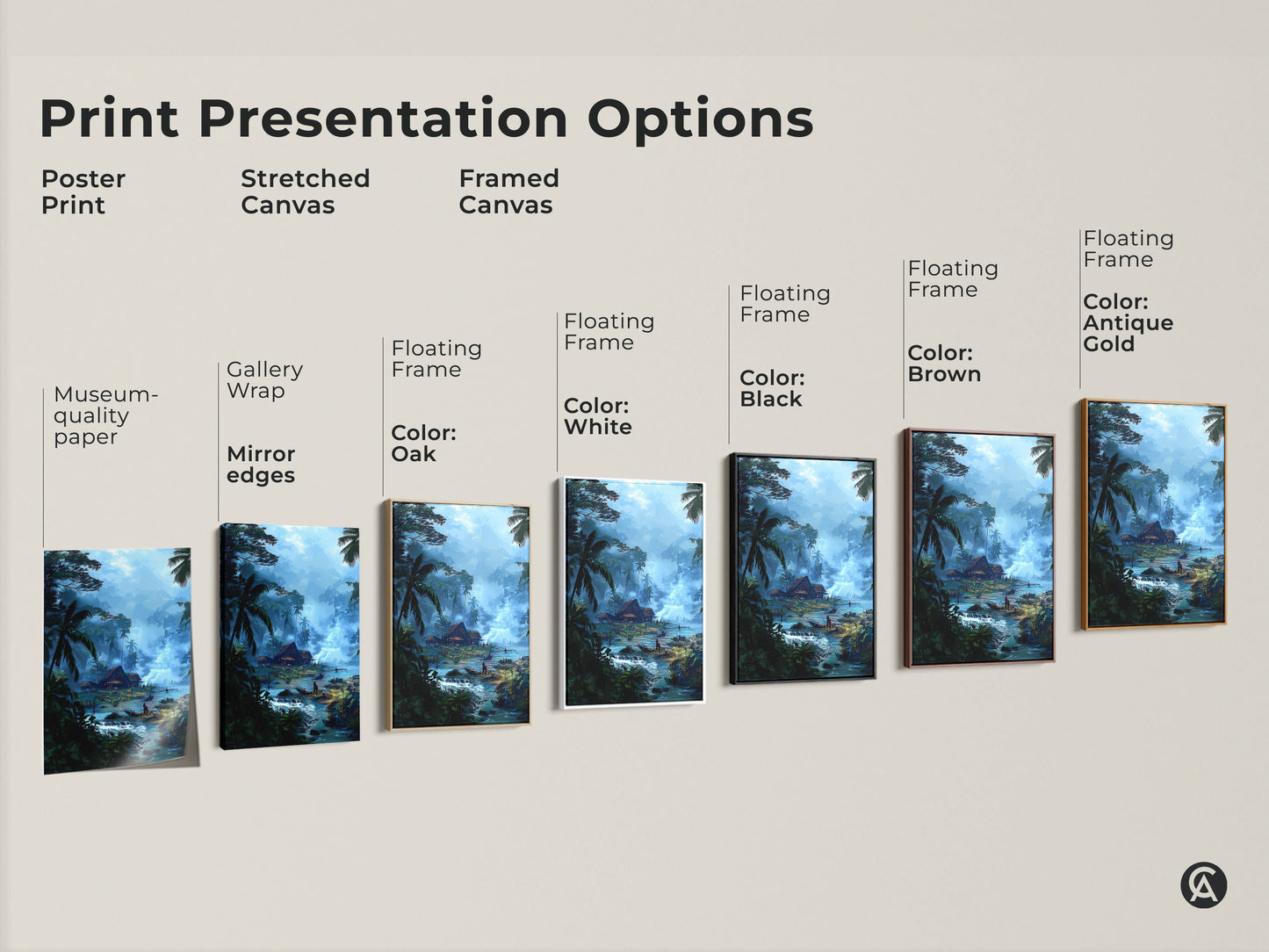 Explore tropical village art print options. Choose from poster stretched or framed canvas. Deep blue emerald green hues create a bohemian travel-inspired aesthetic. Gallery wrap mirror edges and floating frames available.
