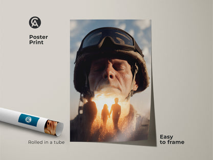 Poster print of military family hope artwork. This conceptual soldier portrait arrives rolled in a tube. It's easy to frame. The golden yellow and sky blue artwork makes a thoughtful veteran's day gift. It adds an inspirational military theme to any space.