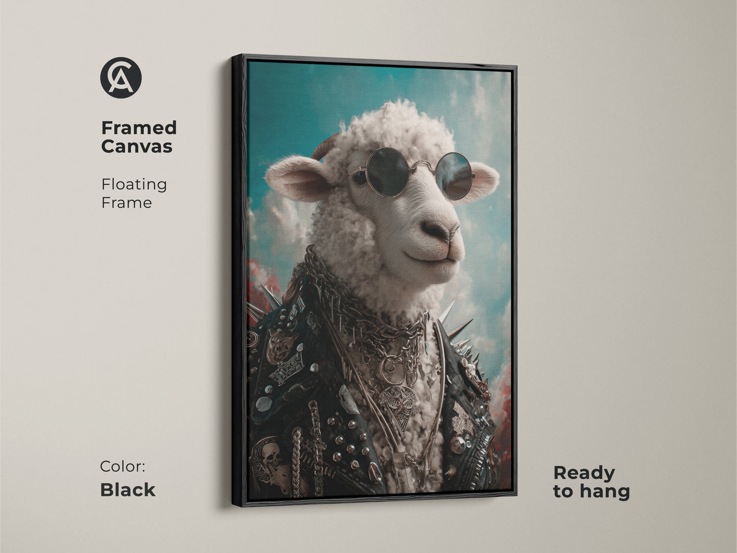 A framed canvas of punk rock sheep art with a black floating frame. The sheep is wearing sunglasses and a leather jacket. It's ready to hang. This unique animal art is perfect for eclectic home decor. An edgy canvas art and rock music fan gift.