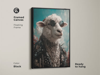 A framed canvas of punk rock sheep art with a black floating frame. The sheep is wearing sunglasses and a leather jacket. It's ready to hang. This unique animal art is perfect for eclectic home decor. An edgy canvas art and rock music fan gift.