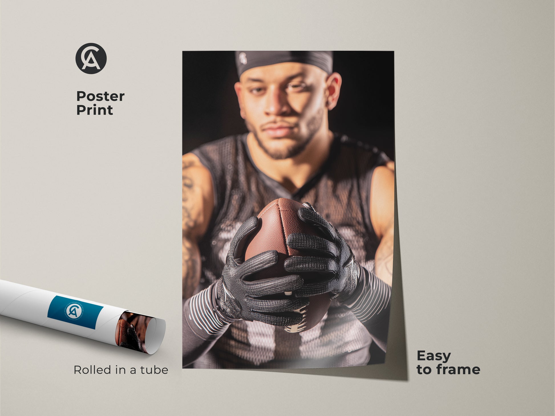 Rolled poster print of an American Football athlete portrait. Easy to frame and ready to display. This sports wall decor adds a dynamic feel to any office or home gym. The brown tan black canvas creates a masculine decor. Buy this gift for a football fan today.