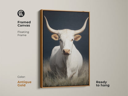 White longhorn cow art in an antique gold framed canvas. The floating frame enhances the artwork. This farmhouse rustic wall art is ready to hang. Western animal canvas art for any space. The livestock herd decor is a classic choice. A realistic cow portrait with a dark background.
