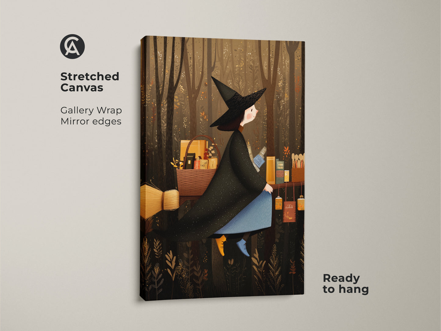 Gallery view of a stretched canvas featuring a witch flying through a forest. This enchanted forest wall art is ready to hang. It has a dark academia aesthetic. Perfect Halloween gift idea.