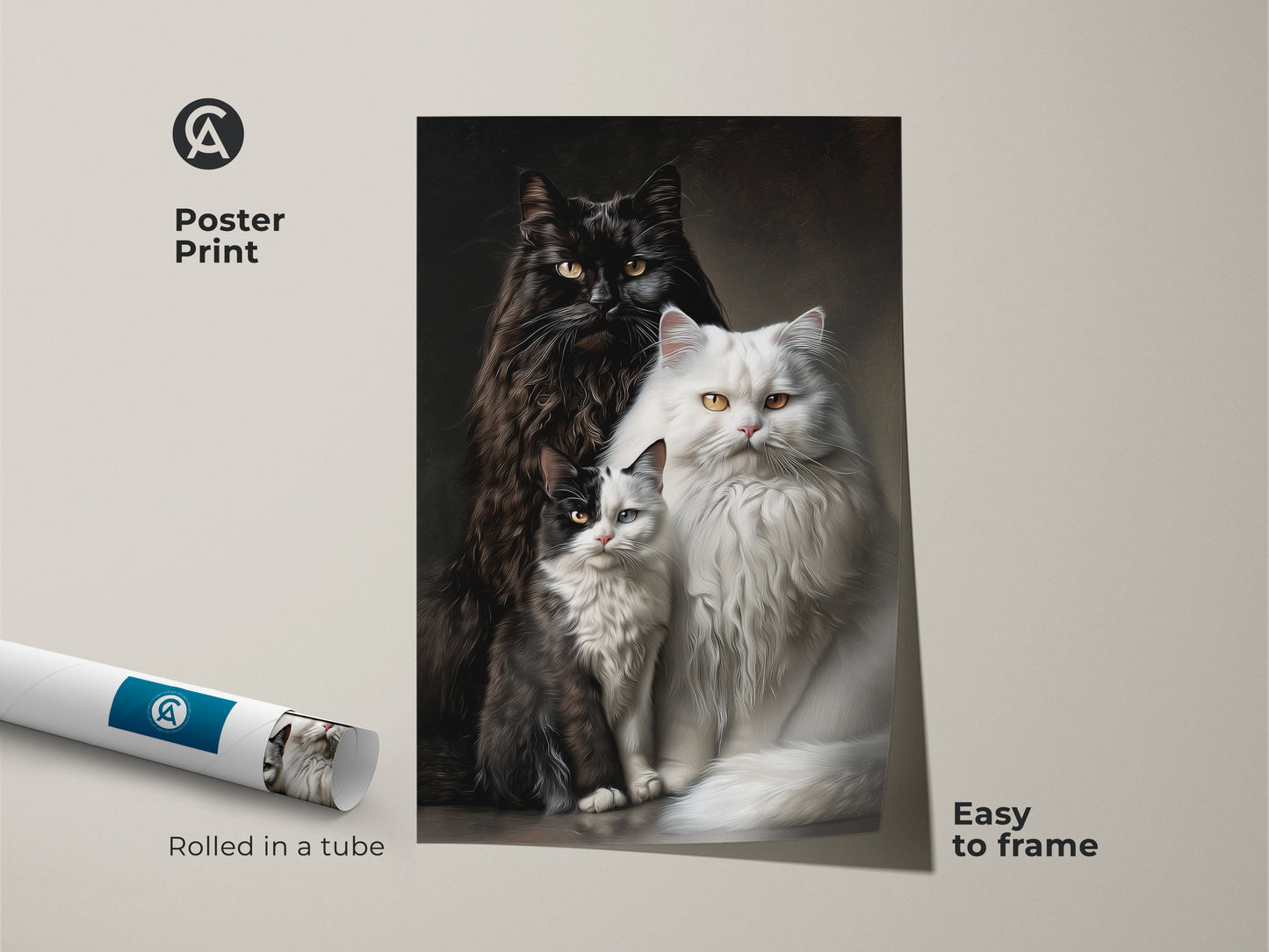 A poster print of three cats is rolled in a tube and easy to frame. The cat art features a fluffy black cat a fluffy white cat and a black and white kitten. The poster is printed on high-quality paper.