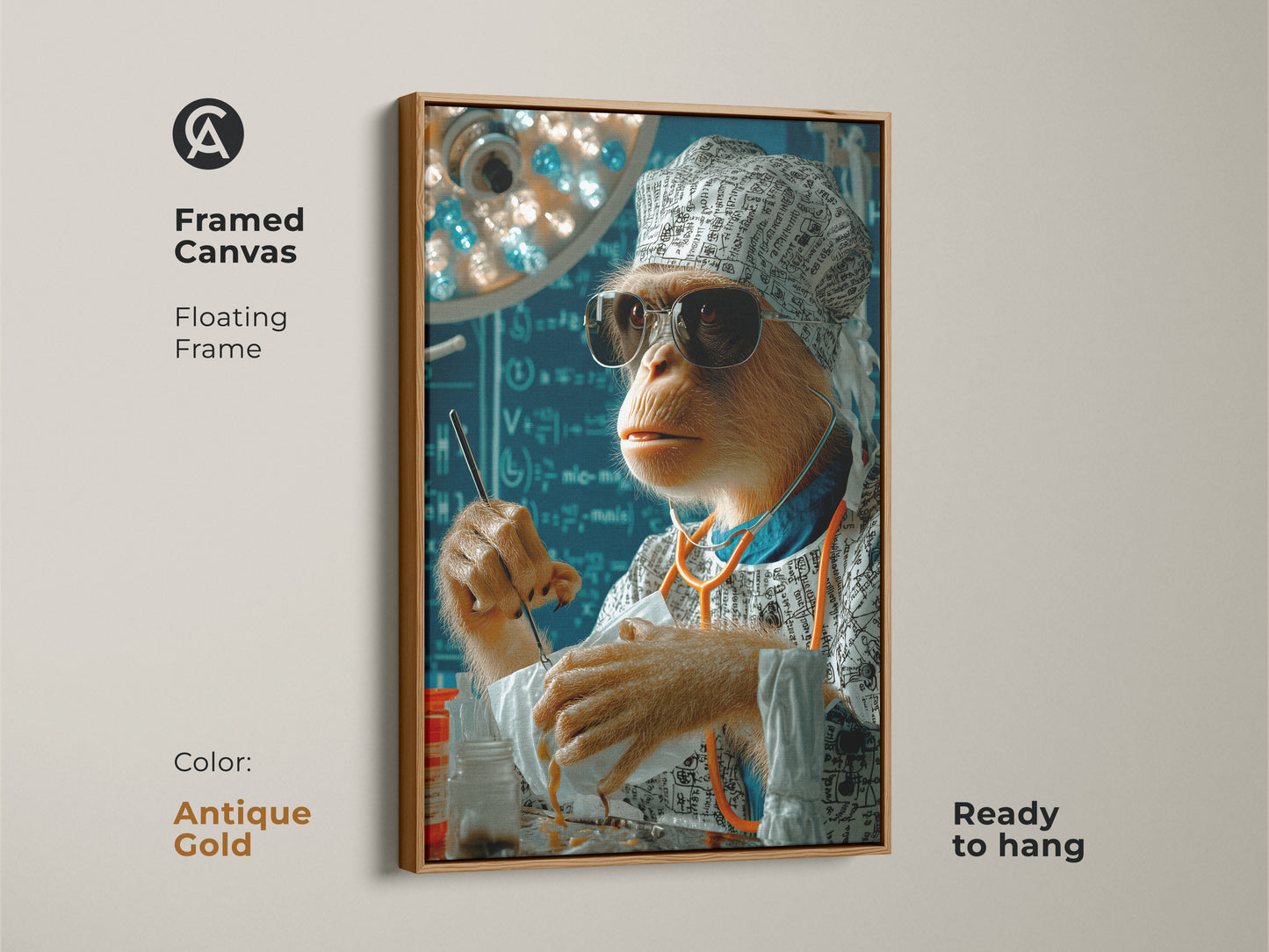 Framed canvas featuring a surreal surgeon monkey artwork with an antique gold floating frame. It's ready to hang. This art is a funny and unique gift for vets and doctors. The artwork is ideal for office decor bringing medical humor to the space. The canvas features a brown monkey in a surgical setting.