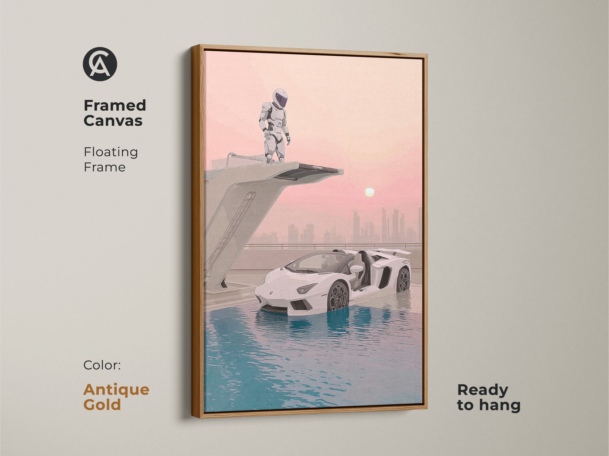 Framed canvas featuring surreal astronaut supercar artwork. Antique gold floating frame highlights this futuristic sci-fi piece. Teal pink blue tones bring a modern touch to this office wall art. It arrives ready to hang. The art makes a unique gift for car lovers.