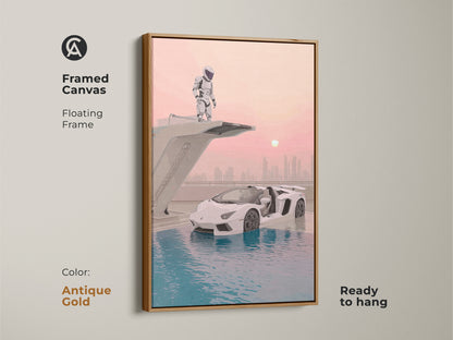 Framed canvas featuring surreal astronaut supercar artwork. Antique gold floating frame highlights this futuristic sci-fi piece. Teal pink blue tones bring a modern touch to this office wall art. It arrives ready to hang. The art makes a unique gift for car lovers.