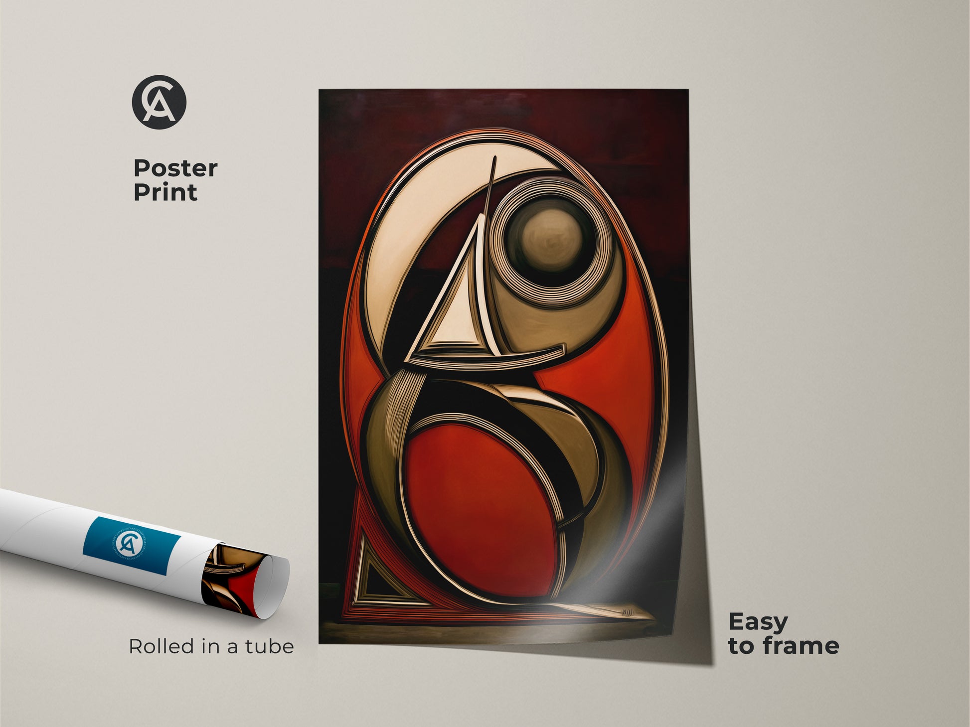 Poster print of geometric sailboat art with rust red dark brown and gold tones. The abstract nautical art features an art deco aesthetic. This office decor wall hanging is easy to frame and adds an eclectic touch.