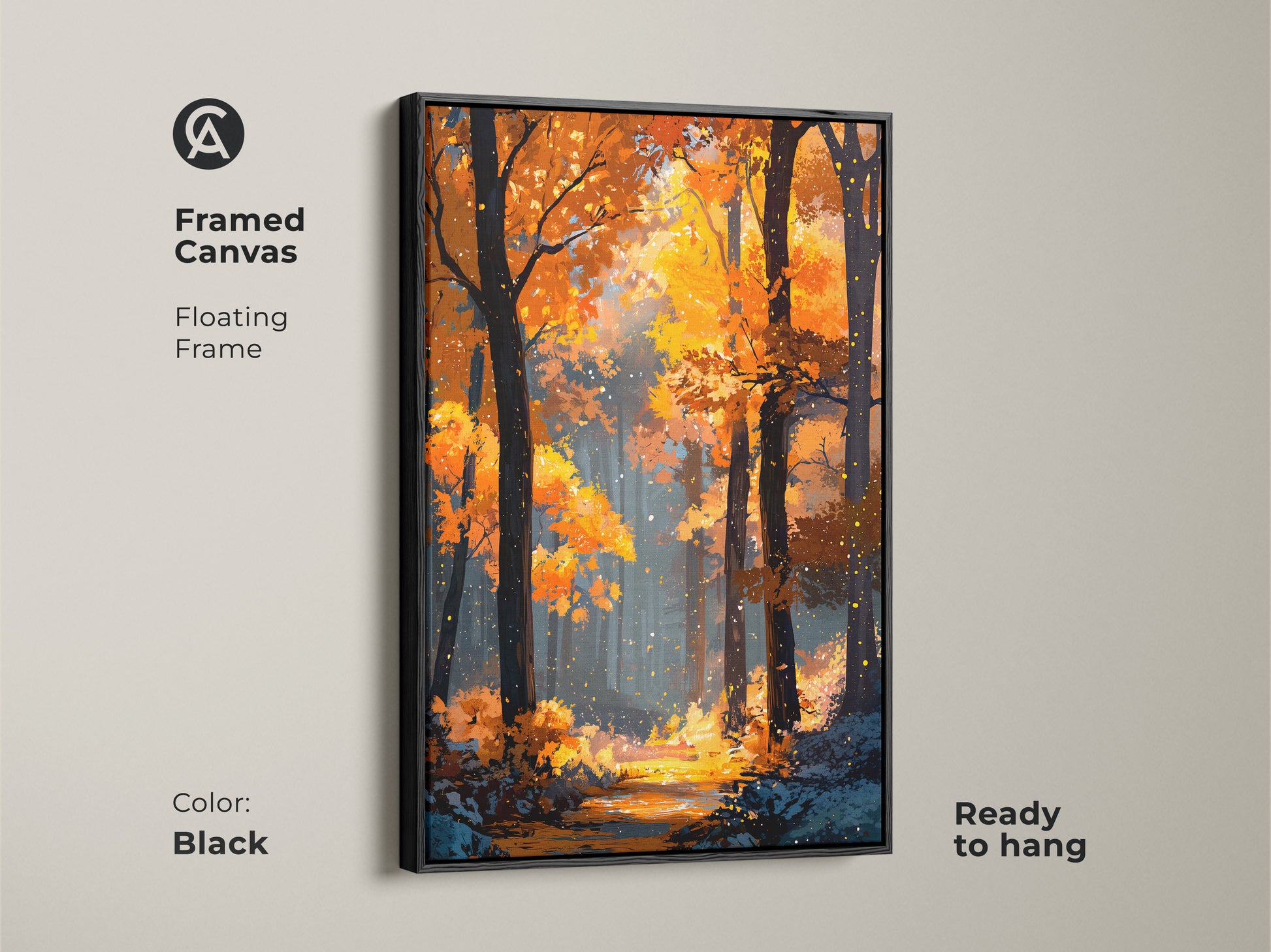 Framed canvas artwork with a black floating frame. Showcasing a beautiful autumn forest scene. Ready to hang and enhance your home decor. The floating frame adds a touch of elegance to the vibrant artwork.
