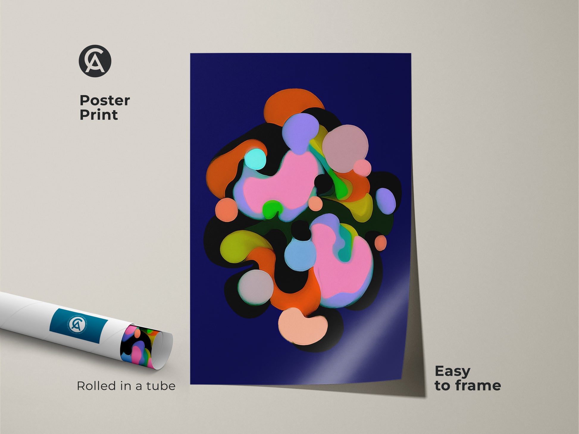 Modern abstract poster print featuring organic shapes in indigo pink and green tones. The colorful artwork is easy to frame and arrives rolled in a tube. This contemporary abstract print is ideal for adding a pop of color to a bedroom or office wall.