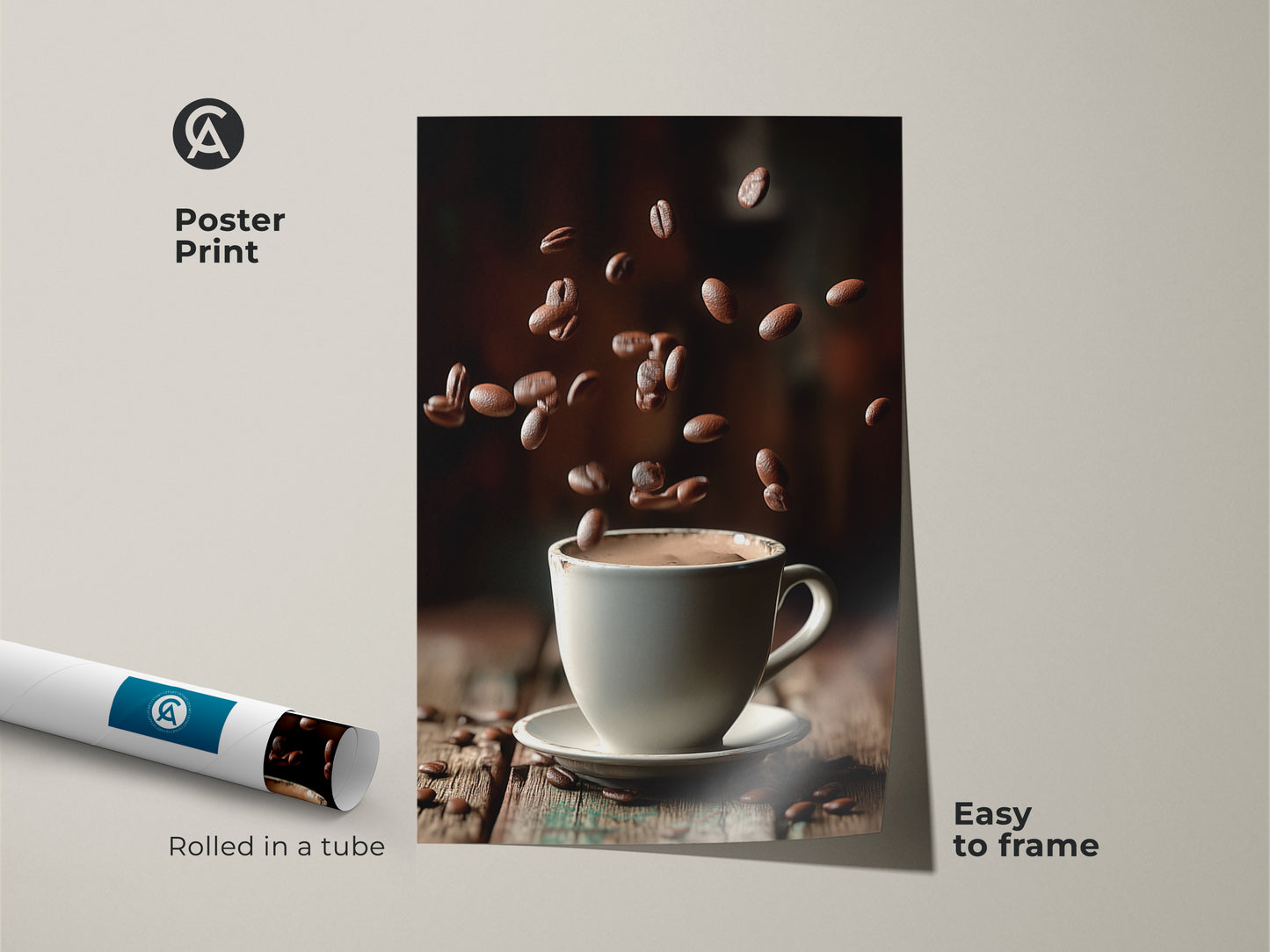 This poster print showcases minimalist coffee cup artwork. The falling coffee beans and white cup are set against a neutral backdrop. It's an easy-to-frame piece for modern kitchen decor. This contemporary coffee print is perfect for a cafe or coffee lover's home. The artwork arrives rolled in a tube.