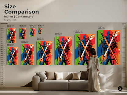 A size comparison featuring the ninja owl canvas. It showcases various dimensions perfect for your office wall decor or gaming room. It's the ideal way to add cool modern art.