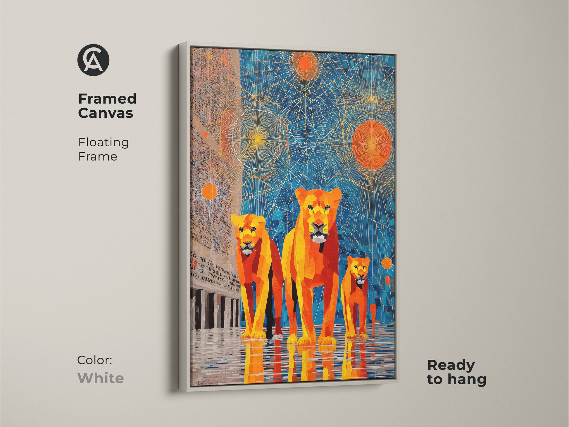 White framed canvas displaying geometric lion artwork. This abstract sunburst animal art has blue and orange hues. The floating frame design enhances this contemporary wildlife artwork. Bring a modern touch with ready to hang geometric decor. Perfect for animal themed gifts.