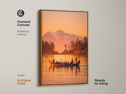 Framed canvas artwork depicting a canoe scene at sunset. The artwork is showcased in an antique gold floating frame. This ready-to-hang piece captures the beauty of a mountain landscape. The wall art adds a touch of elegance to any room.