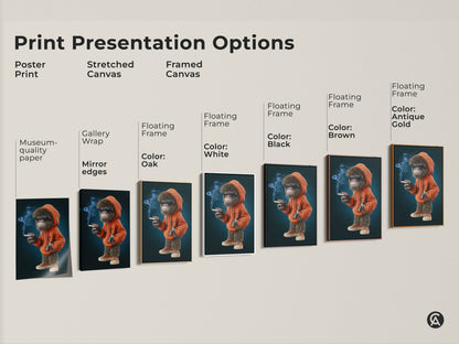 Print presentation options for streetwear monkey art. Choose from poster prints stretched canvas or framed canvas. Each option showcases the cartoon animal artwork. The orange hoodie wall decor is perfect for eclectic home decor. Find the ideal format for your space.