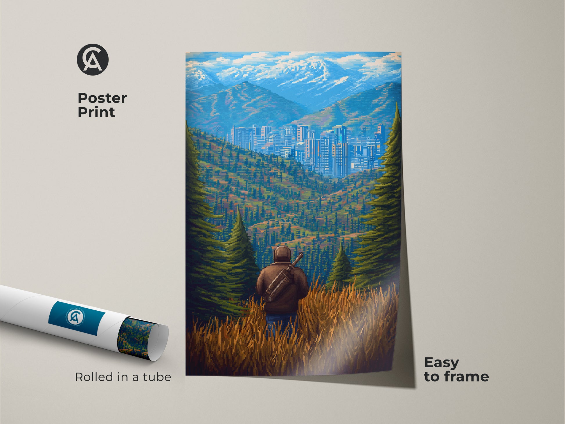 A poster print of a pixel art cityscape is rolled in a tube. This retro mountain landscape art makes for easy framing. This modern office wall art is a unique travelers gift. The print showcases blue green nature artwork.