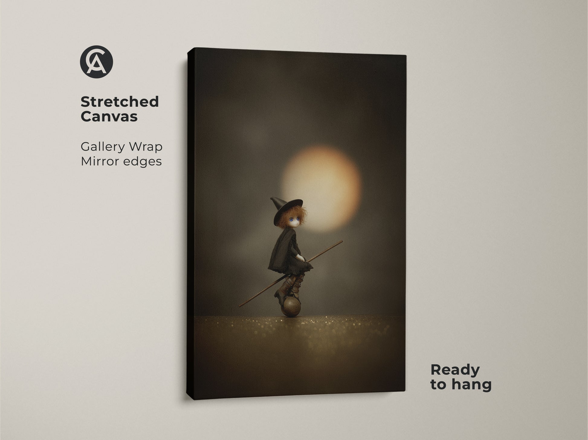 Stretched canvas gallery wrap of a witch doll on broomstick art. It's ready to hang. The sepia orange fantasy print is perfect for dark academia witchy decor. This eclectic witch doll canvas makes a great Halloween lover gift.