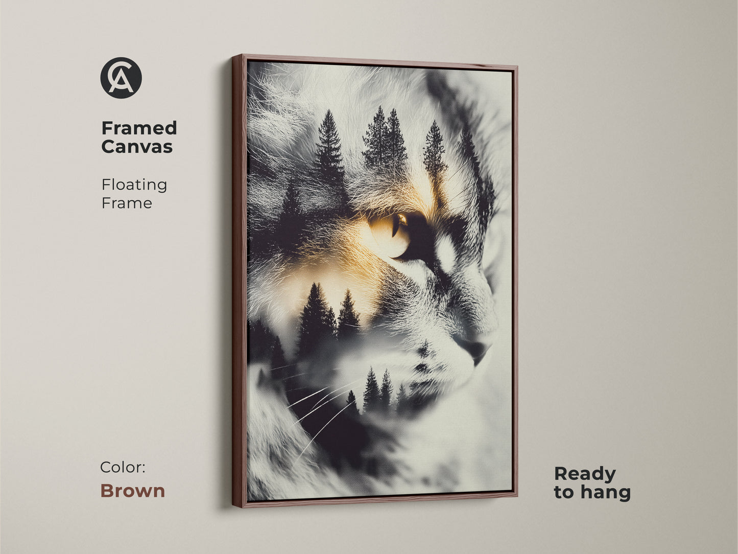 Brown framed canvas cat artwork. The artwork features a cat's face with a forest scene inside. It is a ready-to-hang animal art. This cat art comes with a warm brown floating frame.