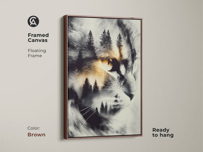 Brown framed canvas cat artwork. The artwork features a cat's face with a forest scene inside. It is a ready-to-hang animal art. This cat art comes with a warm brown floating frame.
