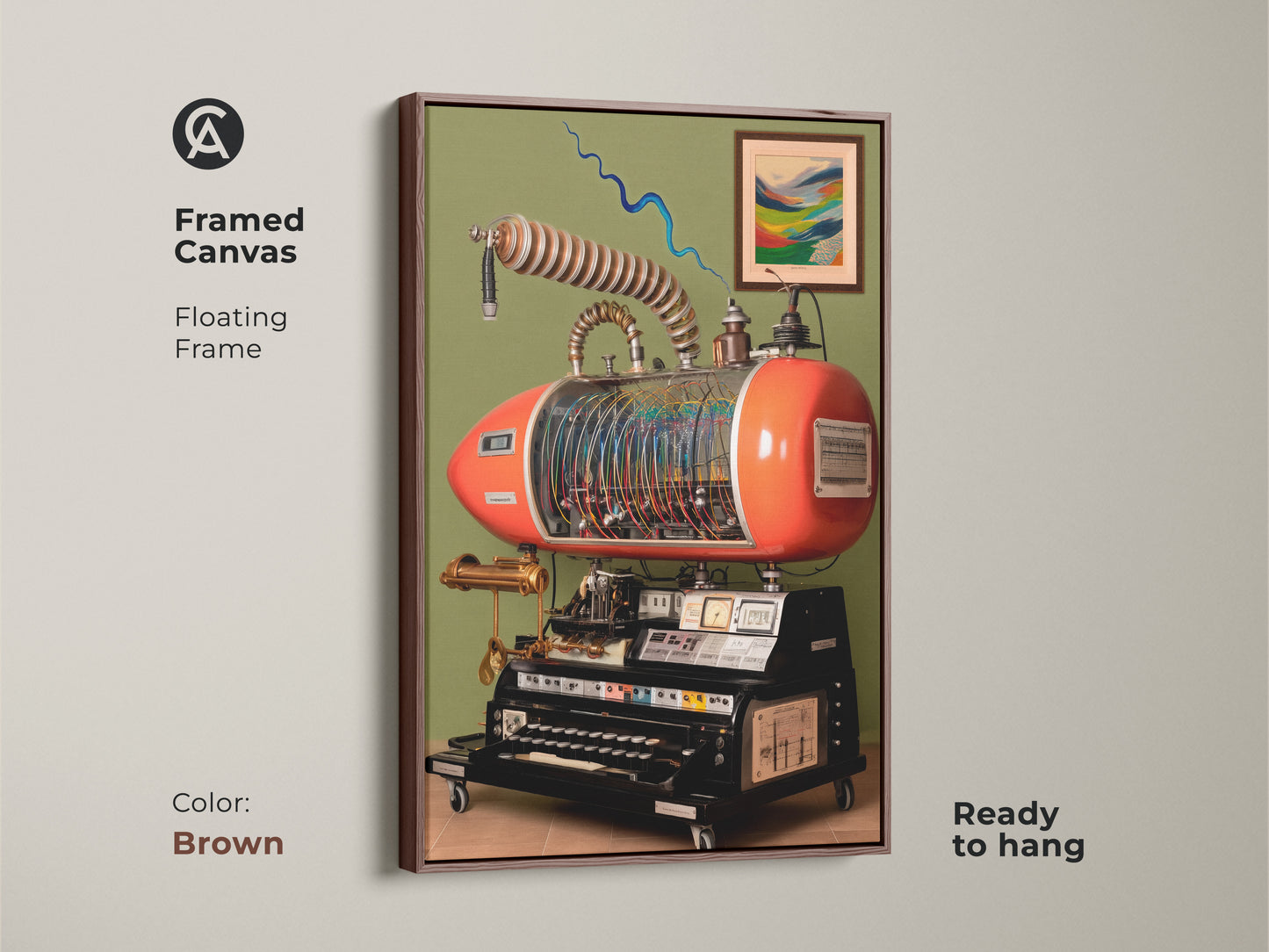Framed canvas with a floating frame in brown showcasing steampunk invention wall art. The retrofuturism machine canvas is ready to hang. Features abstract mechanical art and is ideal for industrial gears artwork print.