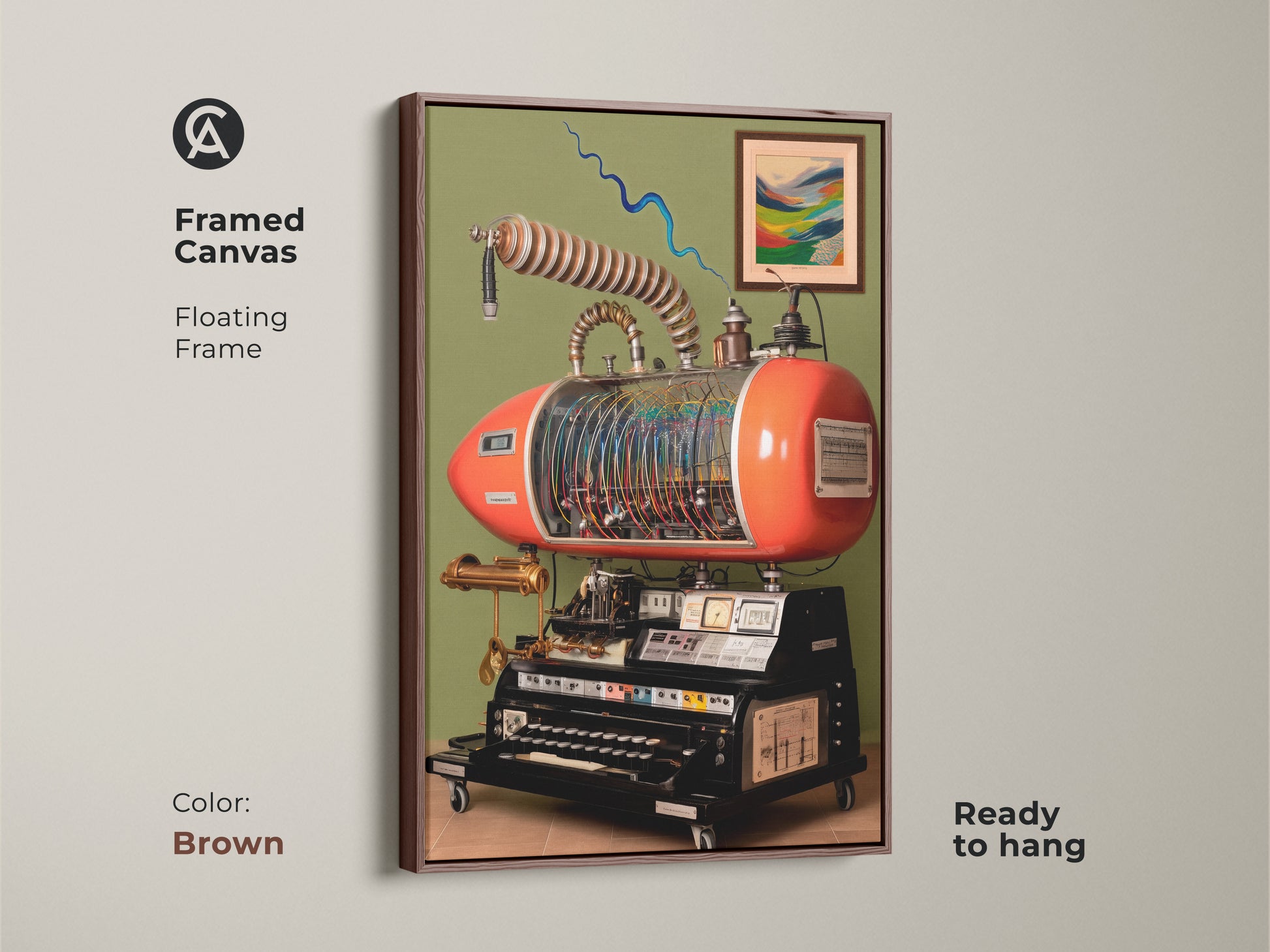 Framed canvas with a floating frame in brown showcasing steampunk invention wall art. The retrofuturism machine canvas is ready to hang. Features abstract mechanical art and is ideal for industrial gears artwork print.