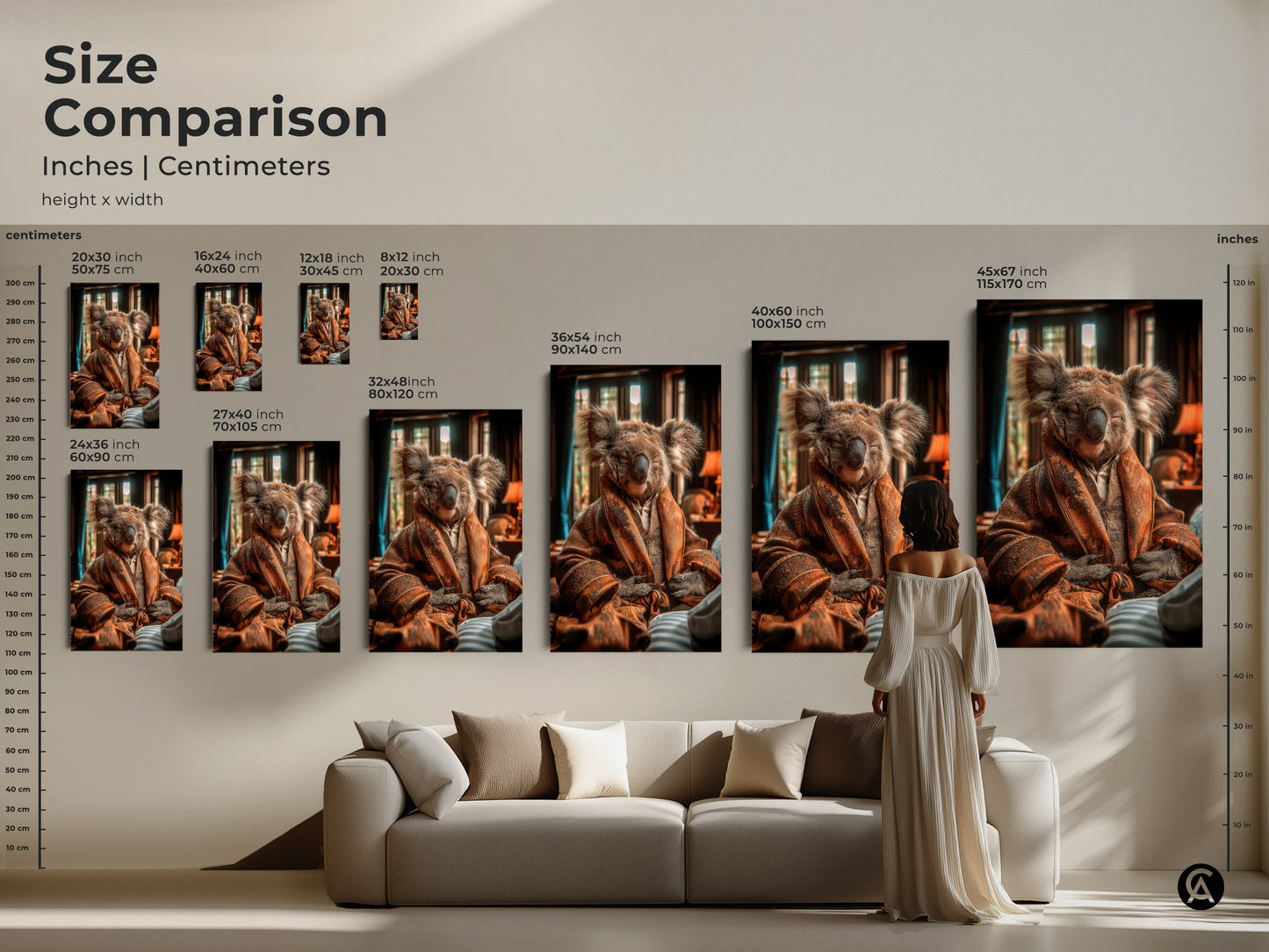 A size comparison featuring the koala in robe art in inches and centimeters. The artwork is set above a couch in various sizes. Perfect living room wall art or animal print for an office. Buy it today.