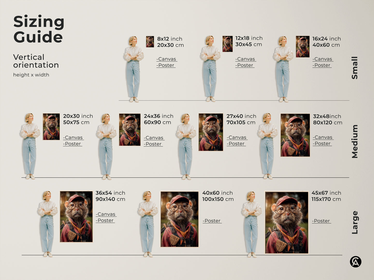Visualize sizing options with this charming mouse artwork guide. It showcases various sizes to match any room. Easily compare canvas and poster dimensions for the perfect fit. Plan your wall art to get the perfect style for your home or office. This art makes the perfect birthday gift.
