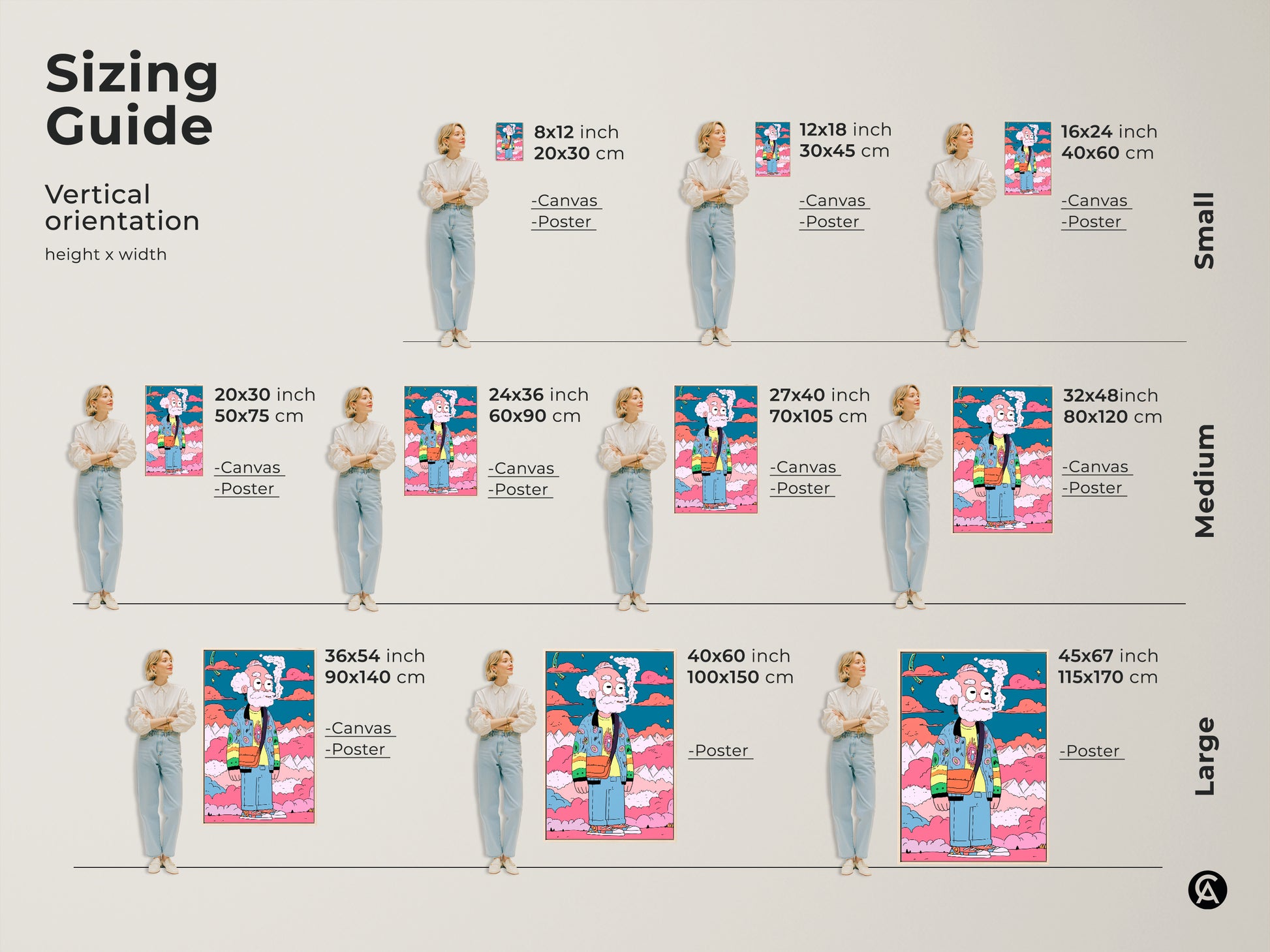 Sizing guide for the cartoon character smoking artwork. Available in vertical orientations and various sizes. From small 8x12 inch to large 45x67 inch options. Find the perfect fit for your space whether canvas or poster.