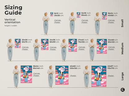 Sizing guide for the cartoon character smoking artwork. Available in vertical orientations and various sizes. From small 8x12 inch to large 45x67 inch options. Find the perfect fit for your space whether canvas or poster.