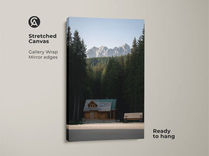 Stretched Canvas art featuring a log cabin landscape. This mountain forest canvas print has gallery wrapped mirror edges. It is ready to hang. The rustic home decor art brings an outdoor adventure to your wall.