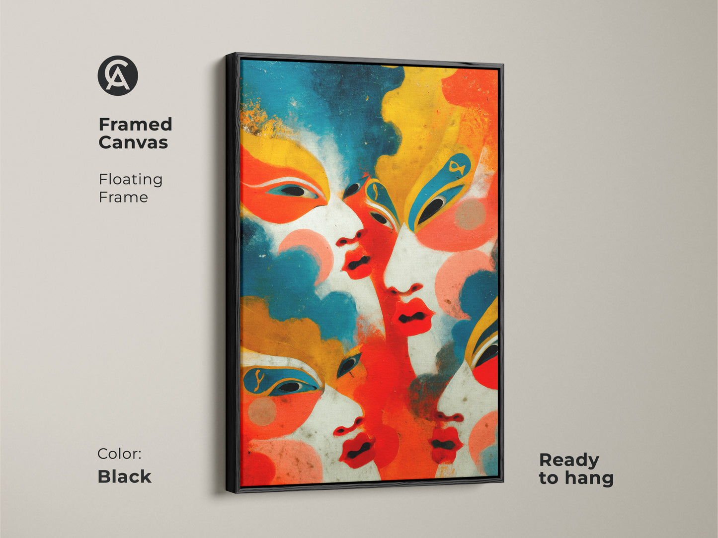 Black framed canvas features a geometric abstract faces artwork. Floating frame enhances the modern look of this contemporary wall art. The red orange blue tones create a bold statement piece that's ready to hang.