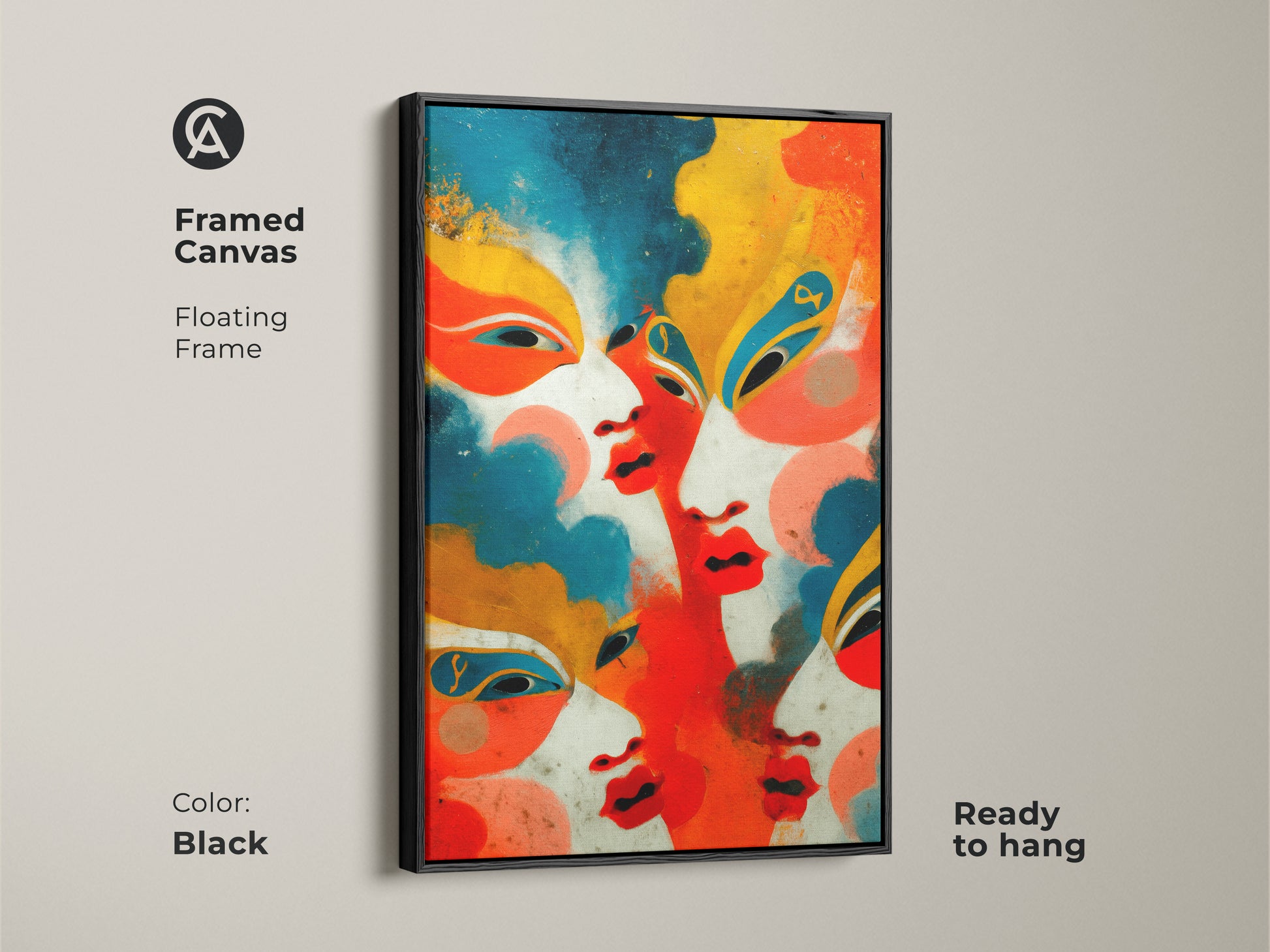 Black framed canvas features a geometric abstract faces artwork. Floating frame enhances the modern look of this contemporary wall art. The red orange blue tones create a bold statement piece that's ready to hang.
