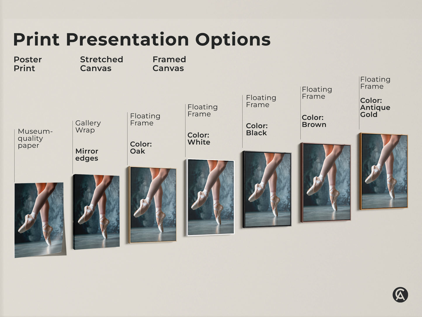 Explore ballet art print options. Choose from poster prints stretched canvas and framed canvas. Each ballet artwork showcases a dancer's grace. Find the perfect style for your space. High-quality art for dance enthusiasts. Floating frames are available in different colors.