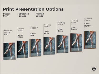 Explore ballet art print options. Choose from poster prints stretched canvas and framed canvas. Each ballet artwork showcases a dancer's grace. Find the perfect style for your space. High-quality art for dance enthusiasts. Floating frames are available in different colors.
