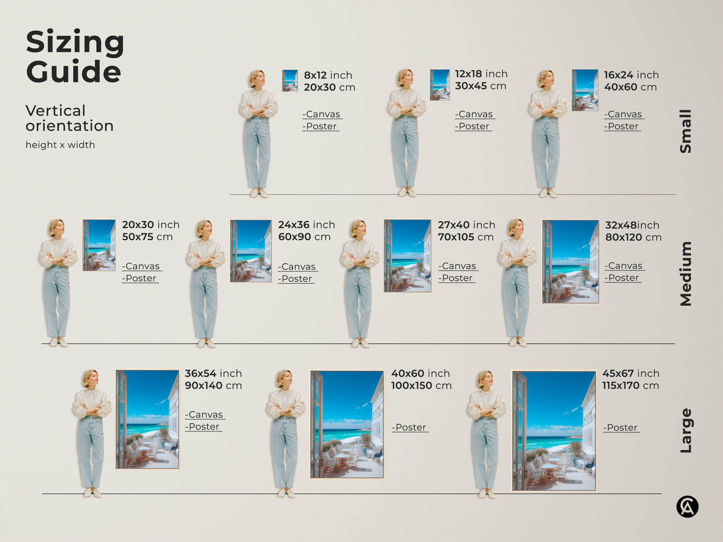 Sizing guide for vertical beach view art. Visualize the artwork in various sizes from small to large. Perfect for canvas or poster prints to fit your unique space and preferences.